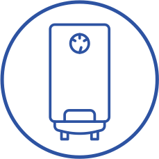 An icon of a water heater with a clock on it in a blue circle.