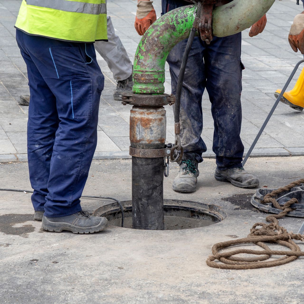 A man in a yellow vest is pumping water into a manhole