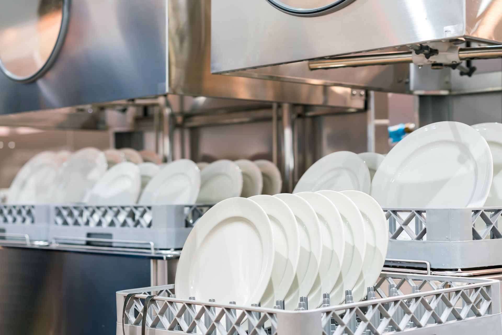 White plates stacked in racks inside a commercial dishwasher.