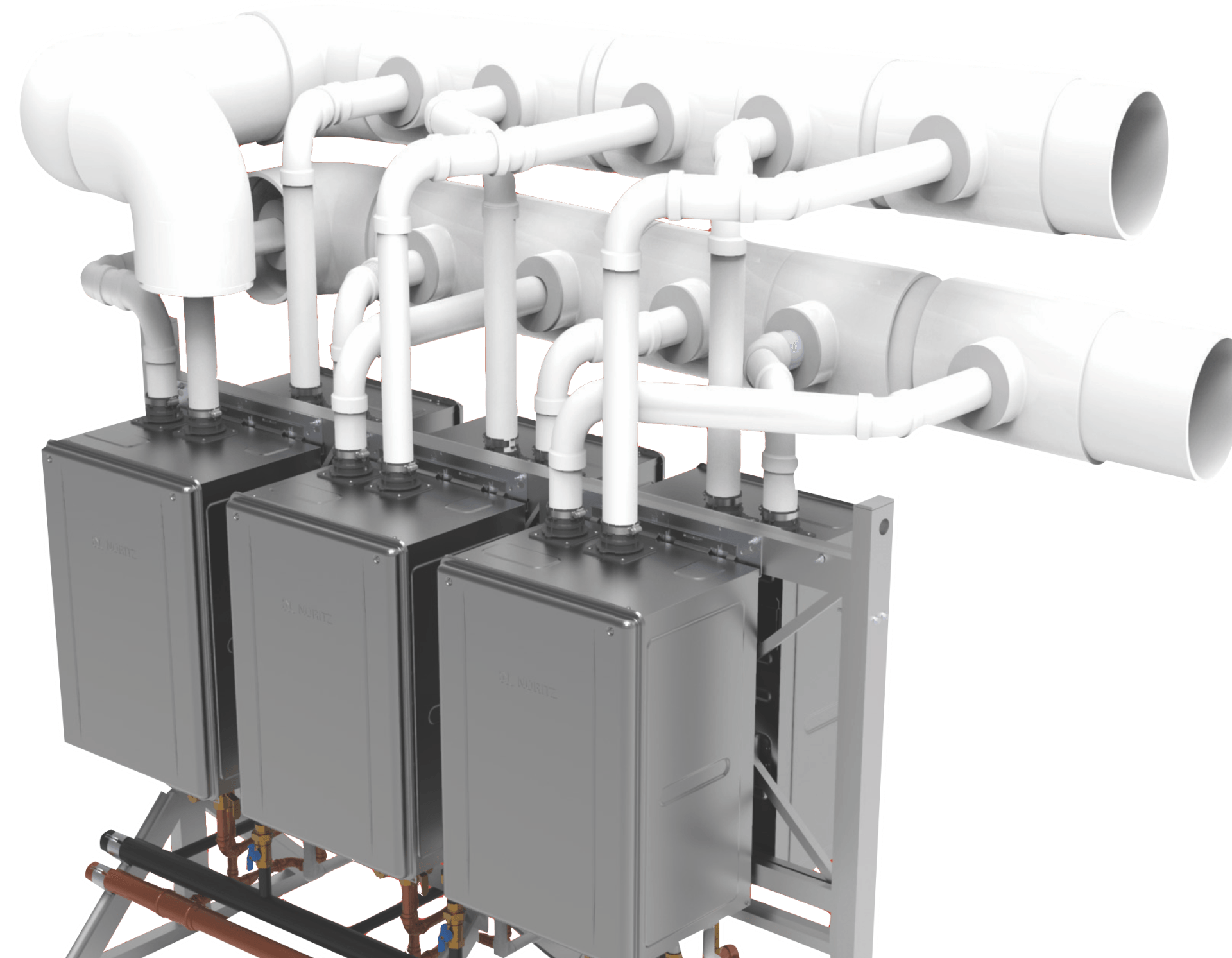 A 3d model of a machine with pipes and boxes on a white background.