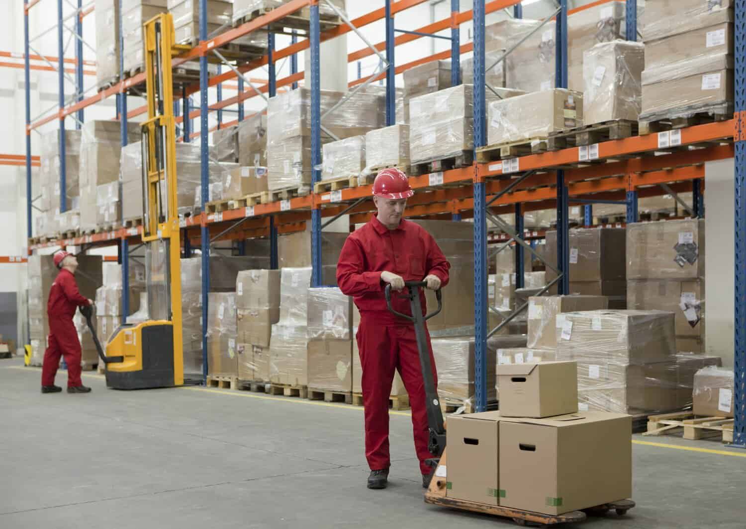 A man is pushing a cart with boxes in a warehouse.