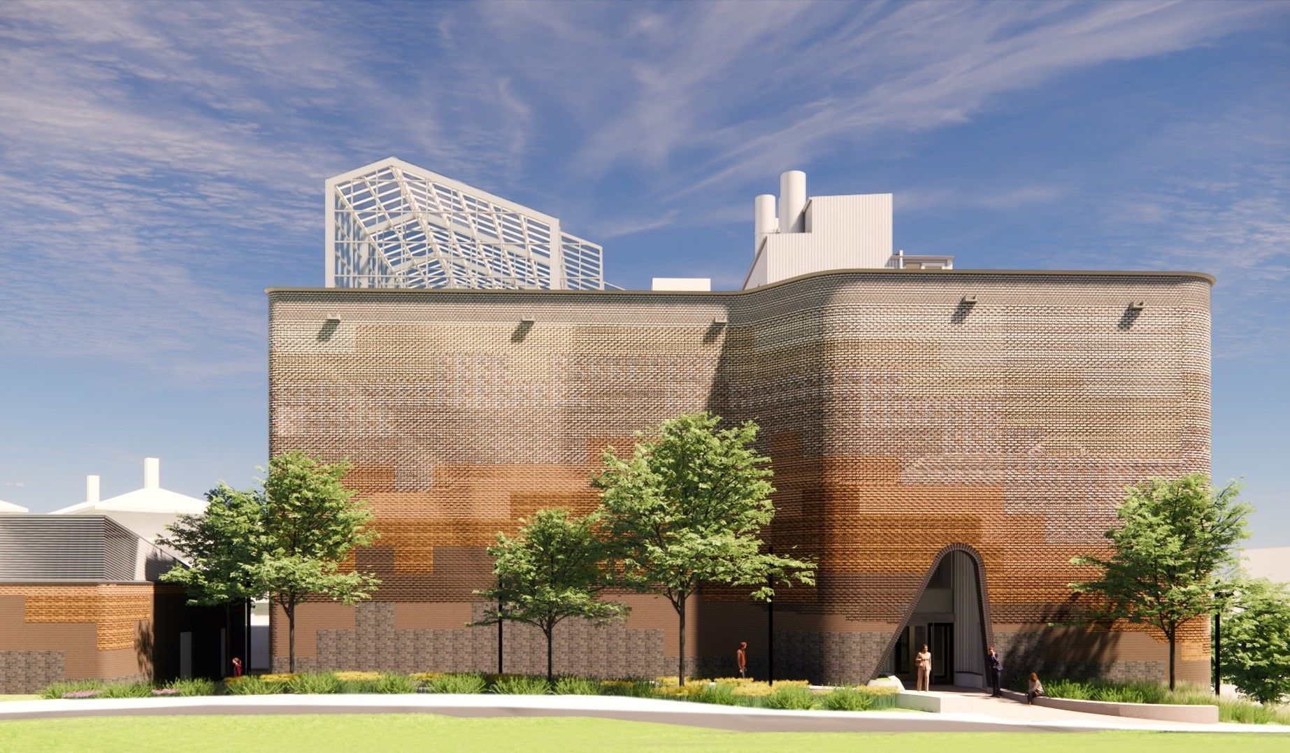 An artist 's impression of a large building with a wooden facade surrounded by trees.
