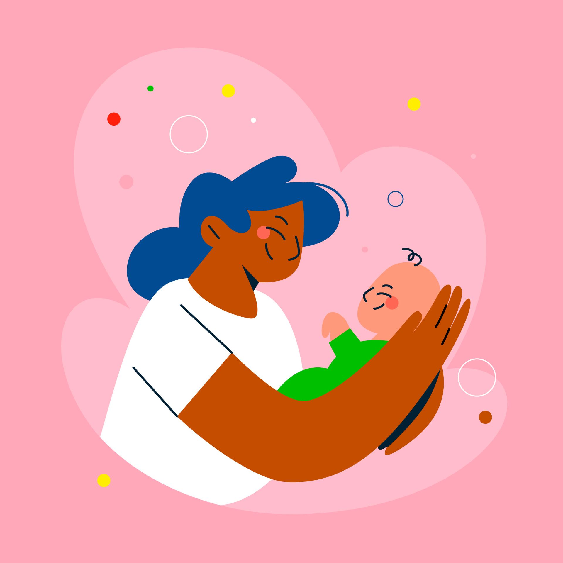 Woman Holding a Baby; Both Are Smiling. Pink Background With Colorful Accents — Five Star Family Day Care In Metford, NSW