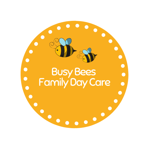 A Logo for Busy Bees Family Day Care With Two Bees in a Circle — Five Star Family Day Care in Maitland, NSW