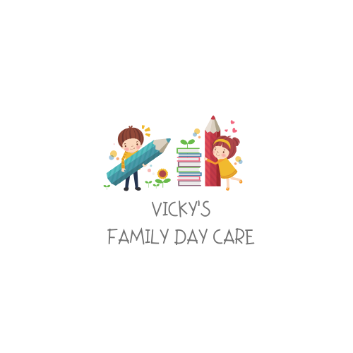 The Logo for Vicky's Family Day Care Shows a Boy and a Girl Holding a Pencil — Five Star Family Day Care in Maitland, NSW