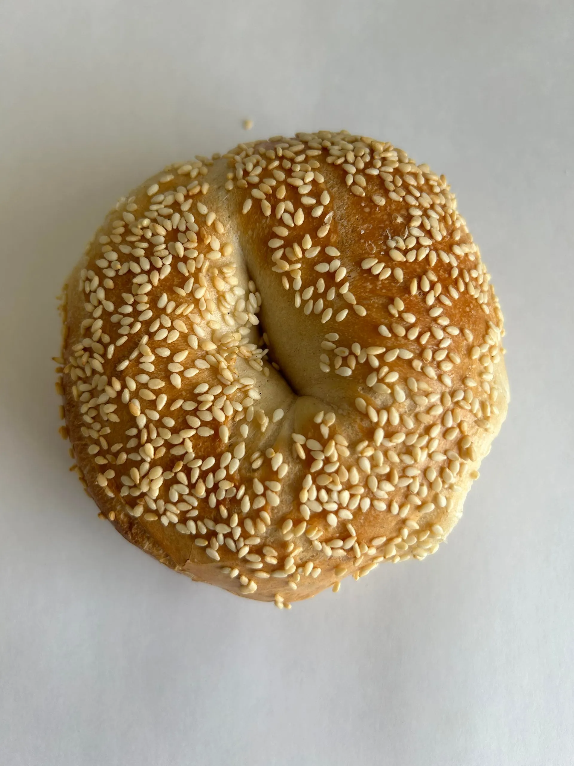 Sesame seed bagel on a white surface.