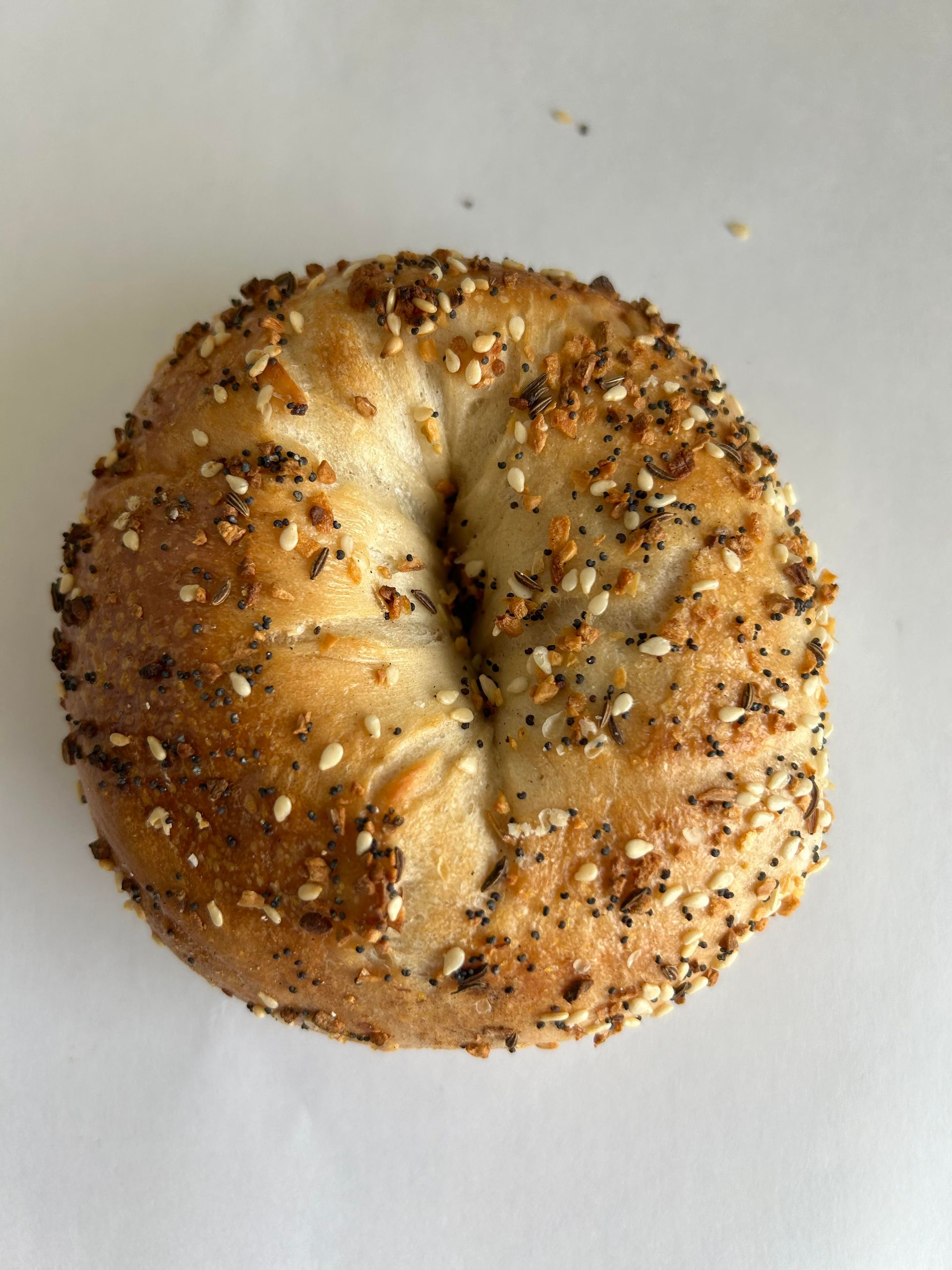 Everything bagel on a white background, covered in sesame seeds, poppy seeds, and spices.