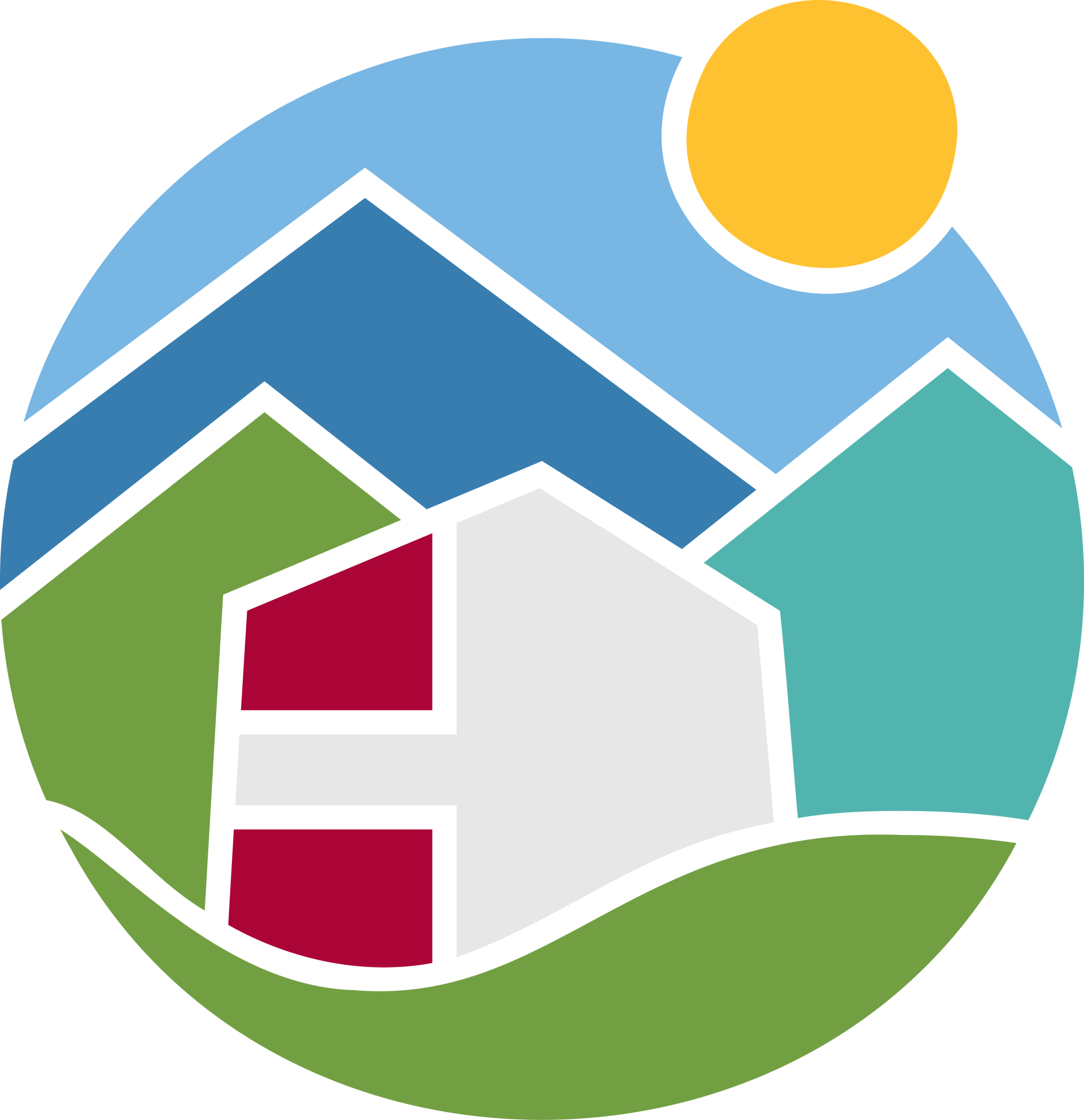 a house is surrounded by mountains and a sun in a circle .