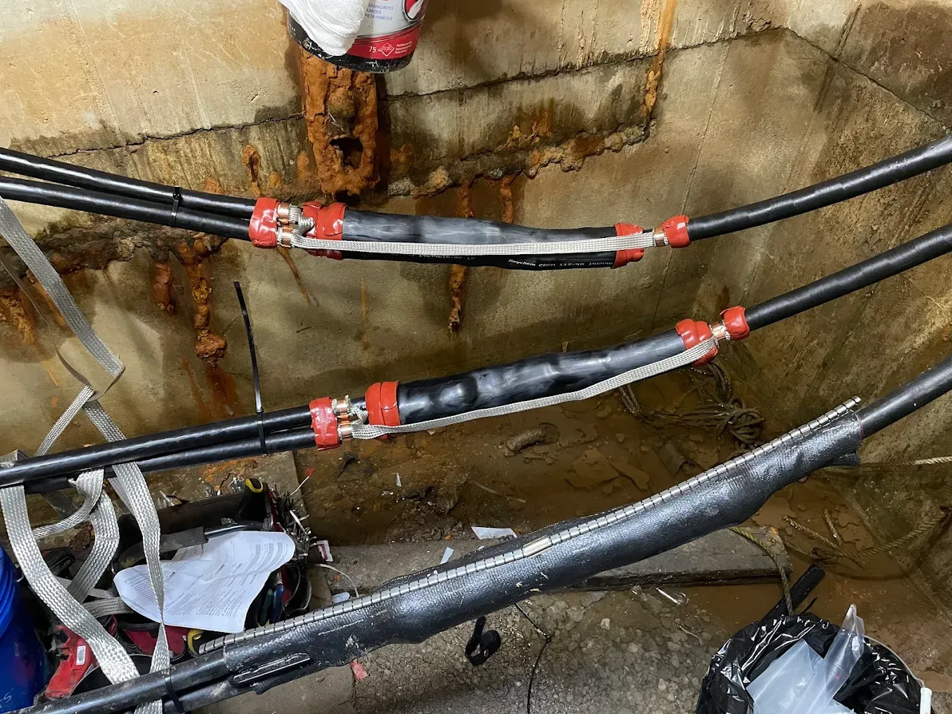 Electrical cables connected with red and black connectors in a damp, industrial setting.