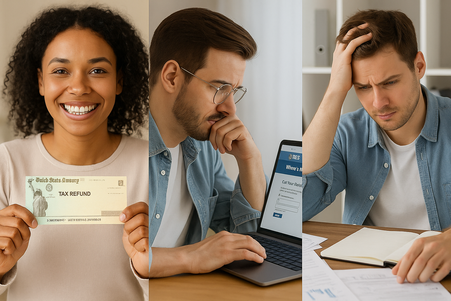 Three people managing different stages of tax season.