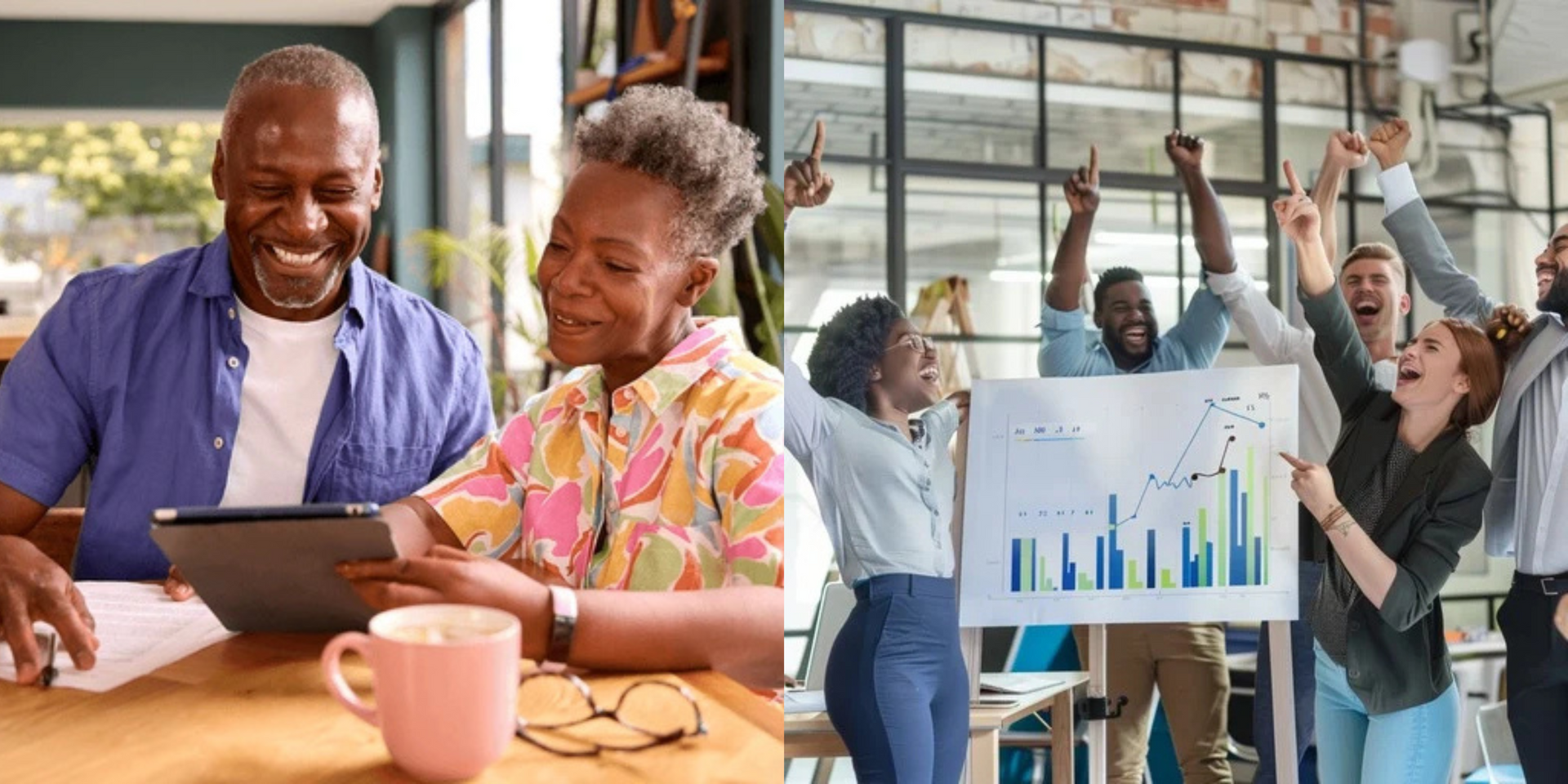 a family sitting around a table joyfully reviewing their tax refund or savings; a business team celebrating success with a chart showing upward growth