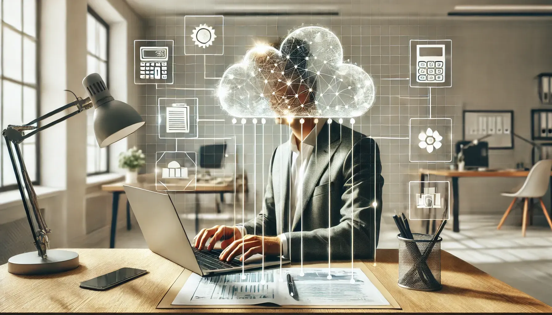 Professional accountant working on a laptop with a digital cloud network overlay, symbolizing cloud-based accounting solutions, secure data, and efficiency. The setting is modern, tech-forward, and professional.