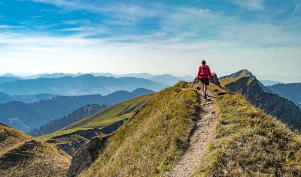 travelling up a clear mountain path under a bright sky