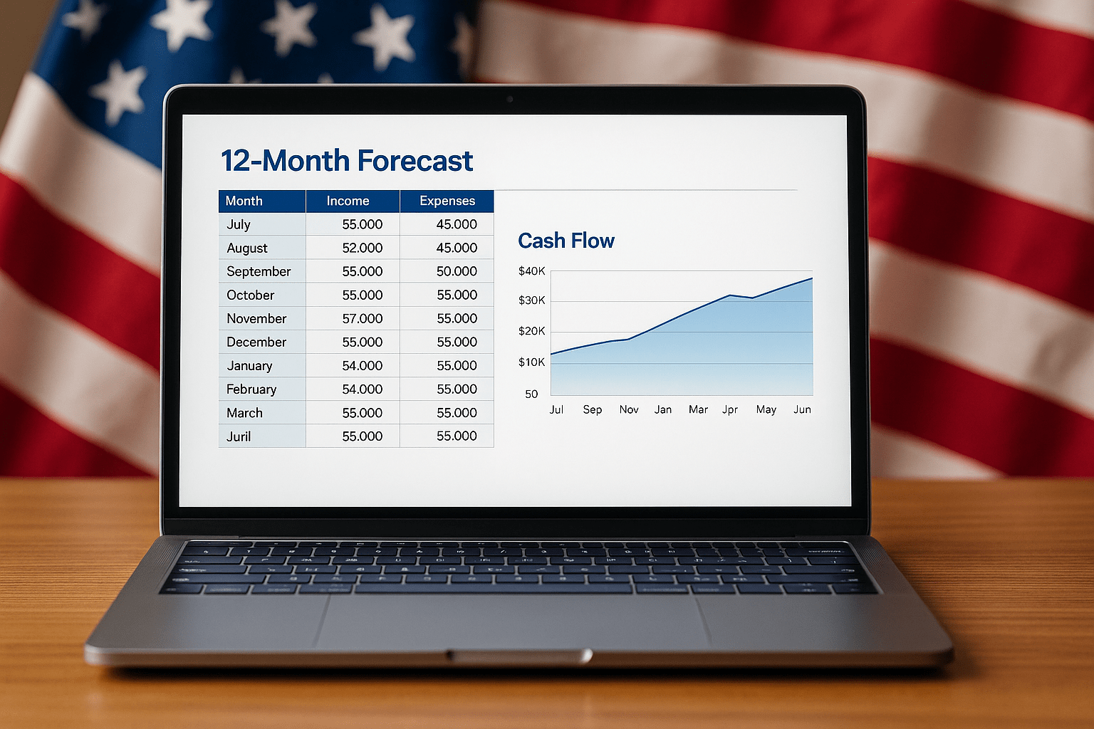 12-month financial forecast showing tax planning impact with U.S. flag in background for patriotic business tone