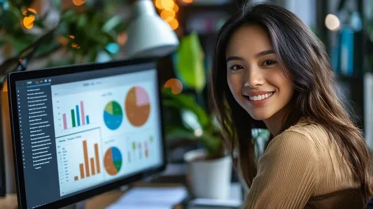 vibrant image of a business owner reviewing a colorful, detailed financial dashboard with a satisfied, confident expression in a well-lit modern office
