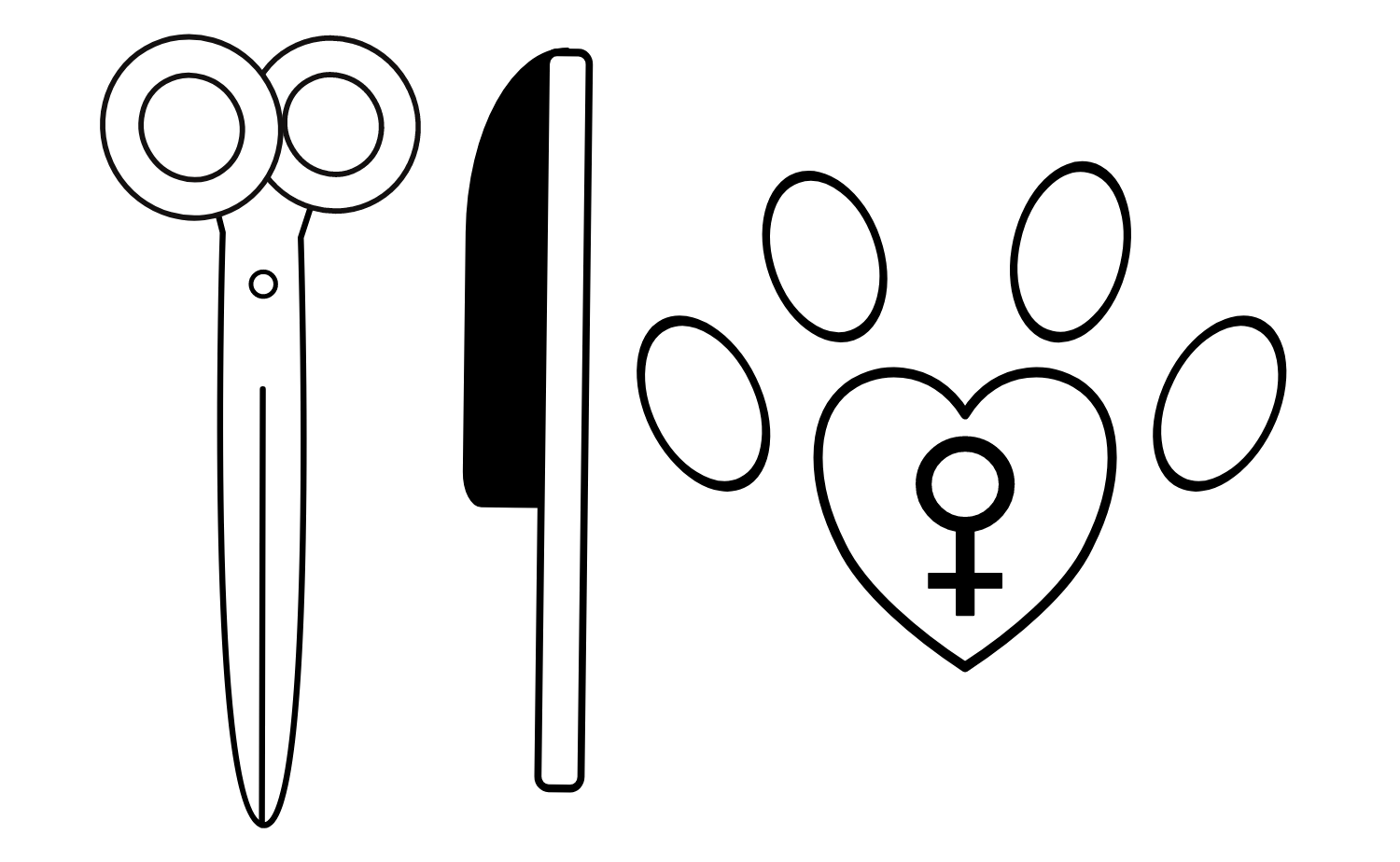 Trap, neuter, release icon: scissors, knife, and a cat paw print