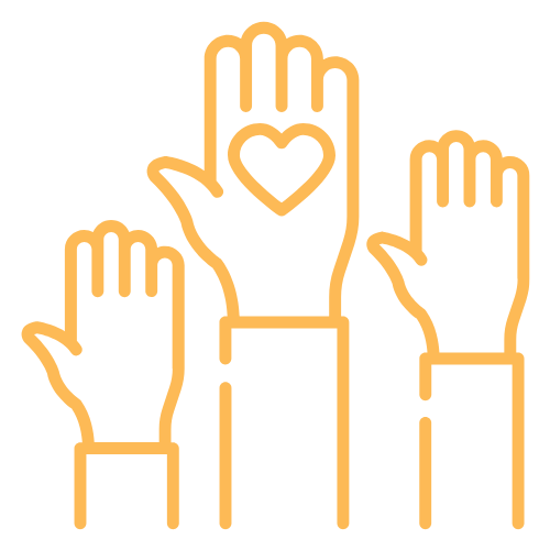volunteer icon: three hands raised up the middle one with a heart in the hand