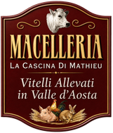 Maroon sign for Macelleria La Cascina di Mathieu, with cow head and calves, reading “Vitelli Allevati in Valle d’Aosta”