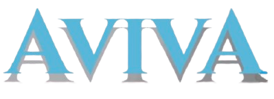 Aviva logo: blue text with a gray shadow.