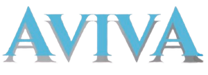 Aviva logo: blue text with a gray shadow.