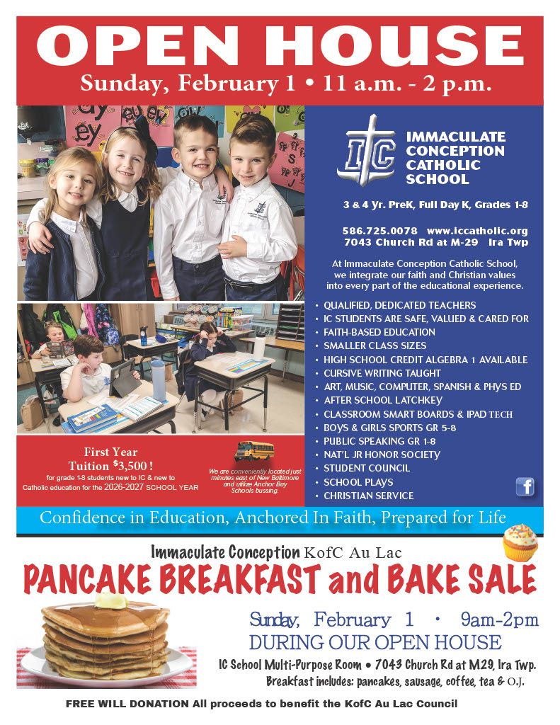 Open House flyer: Immaculate Conception Catholic School. Sunday, February 1st. Pancake breakfast & bake sale.