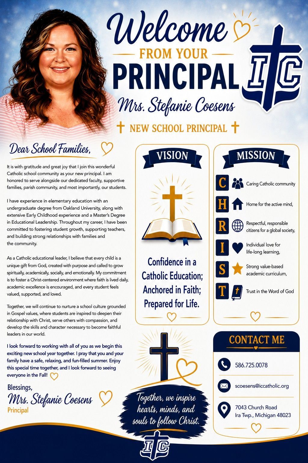 School welcome poster from Principal Ms. Sheryl Censa with blue and gold Catholic school theme, mission, vision, and contact info.