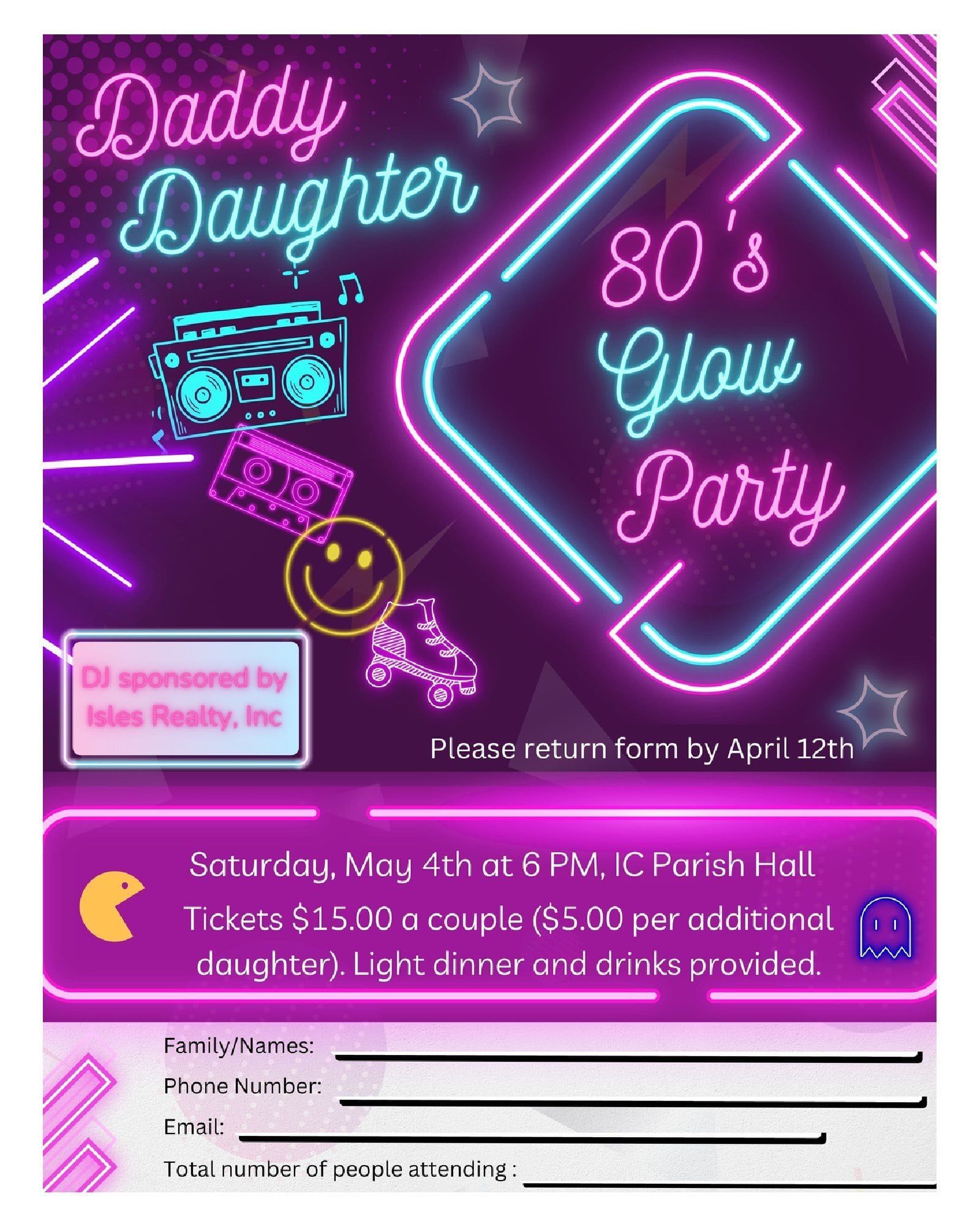 A poster for a daddy daughter 80 's glow party.