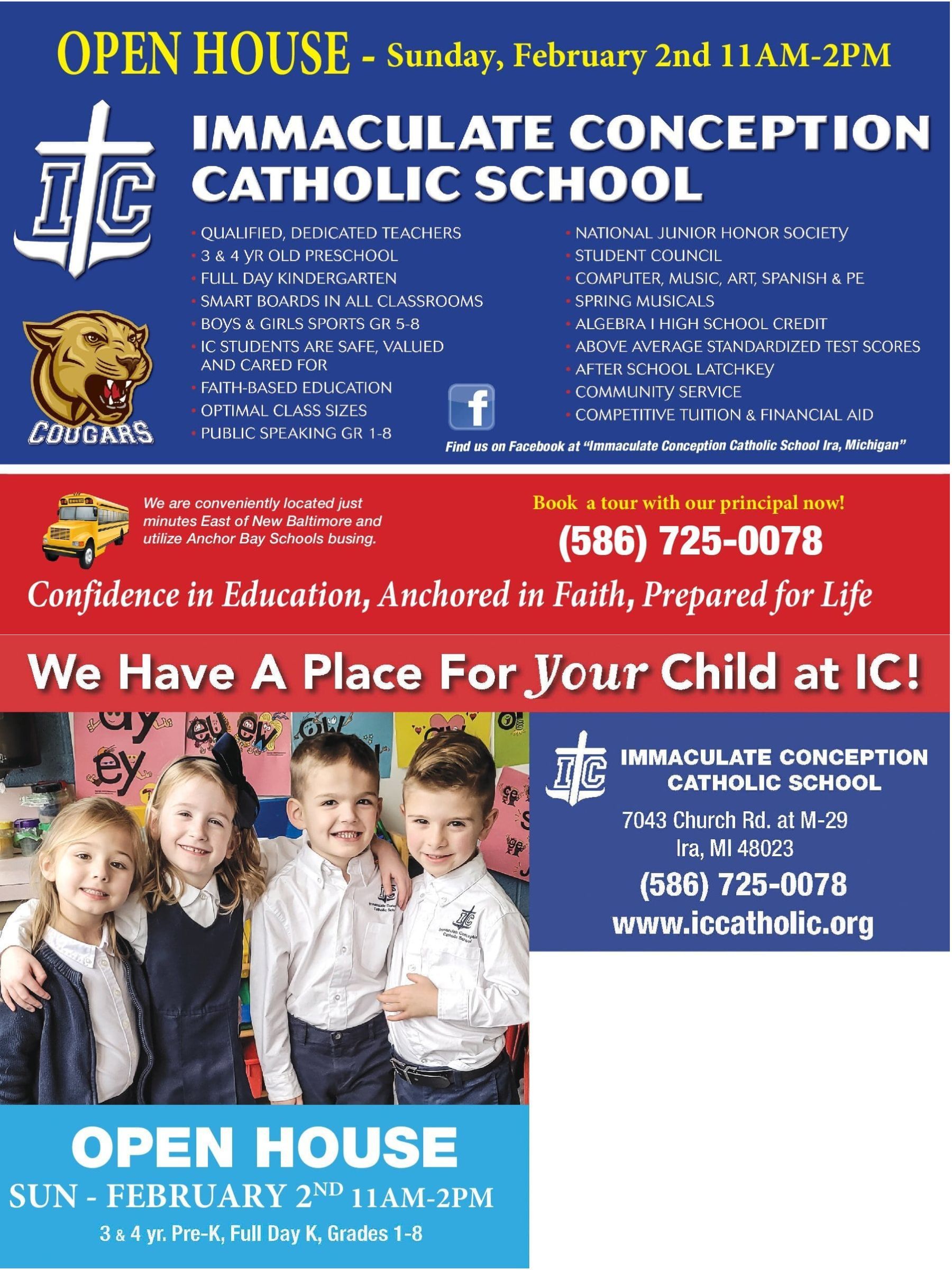 An advertisement for immaculate conception catholic school open house.