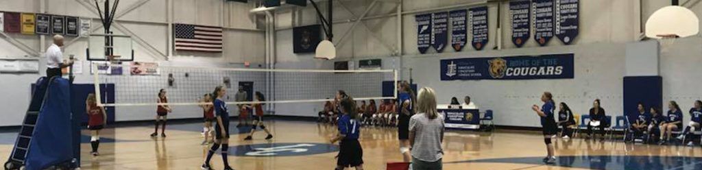 A group of people are playing volleyball in a gym.