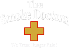 Smoke doctors logo with a red cross on a black background