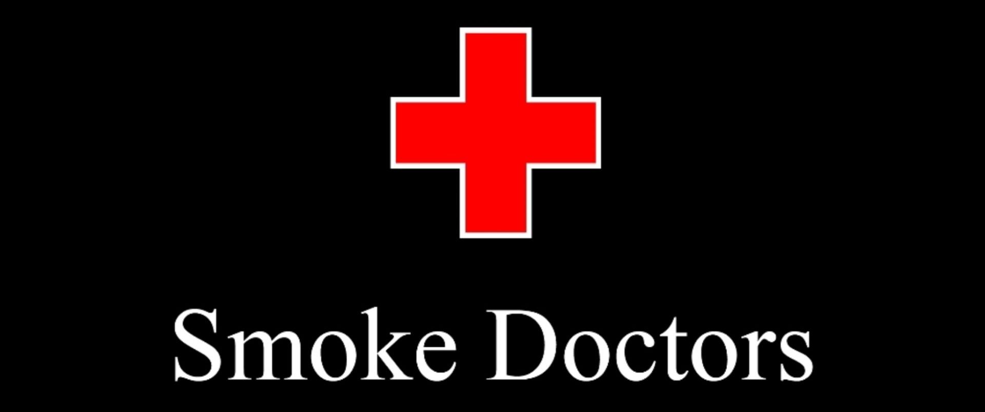 Smoke doctors logo with a red cross on a black background