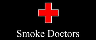 Smoke doctors logo with a red cross on a black background