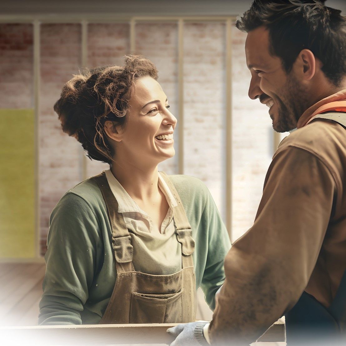 A man and a woman are smiling at each other