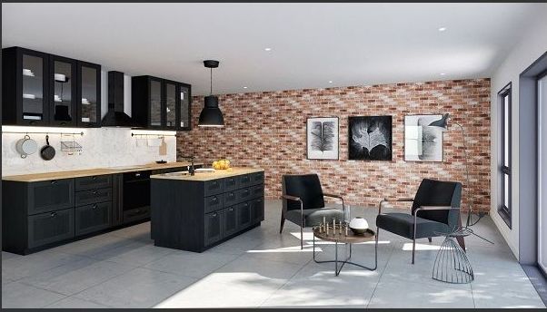 Modern black kitchen with a brick wall and seating area — Premier Bricks, Blocks & Pavers In Heatherbrae, NSW
