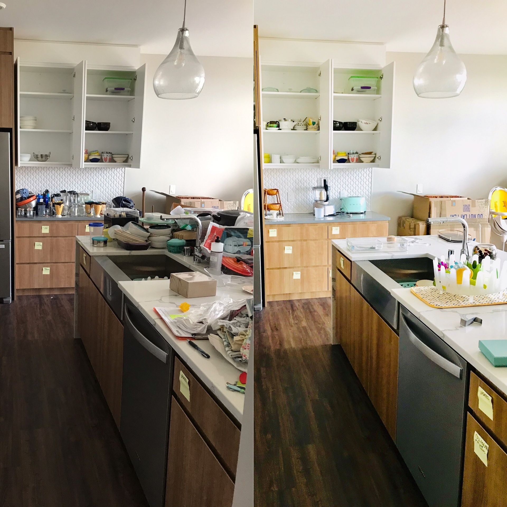 A before and after photo of a kitchen with wooden cabinets