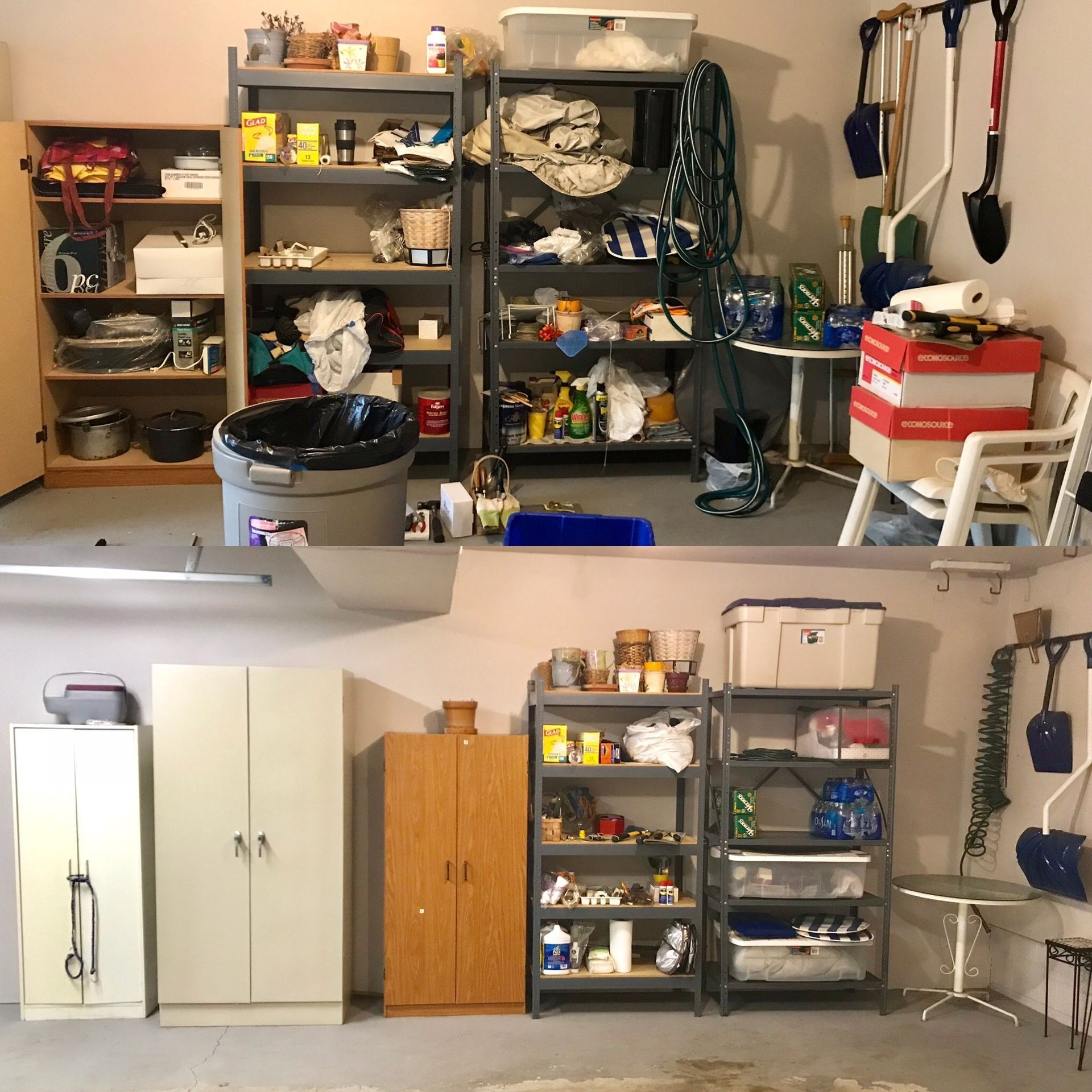 A before and after photo of a messy garage