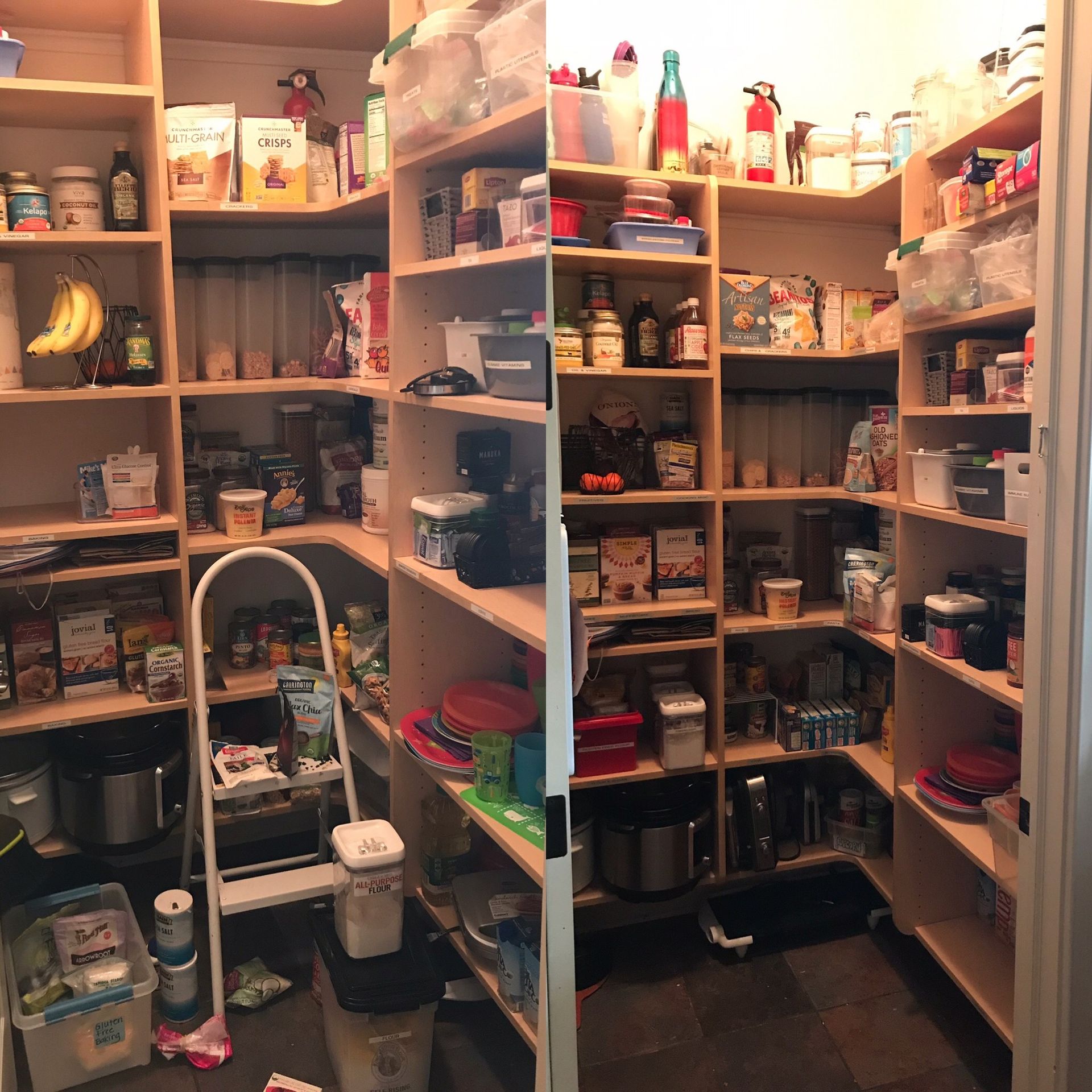 Two pictures of a pantry filled with lots of food
