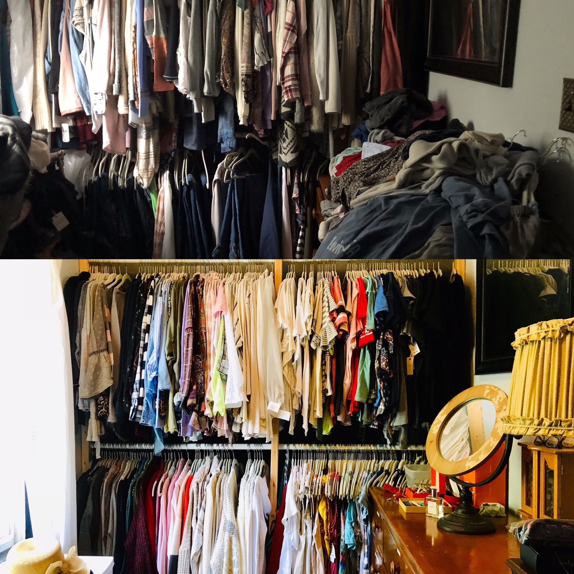 A closet with a lot of clothes and a mirror
