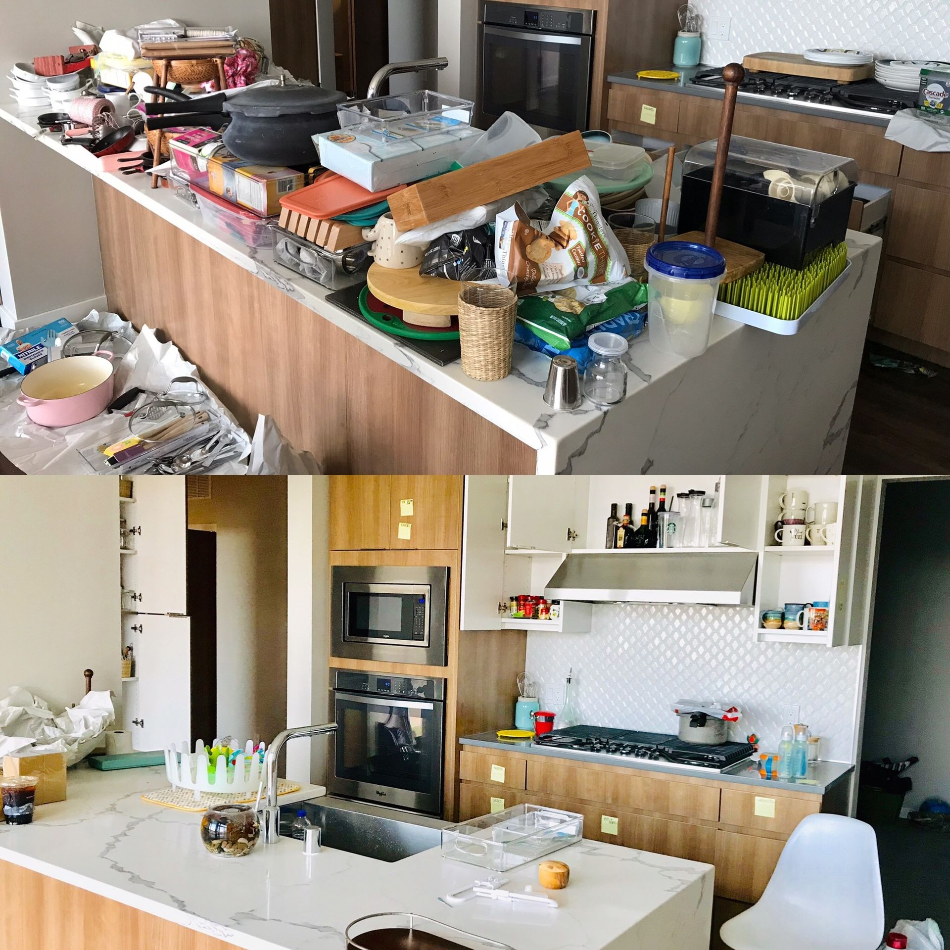 Two pictures of a kitchen before and after being cleaned