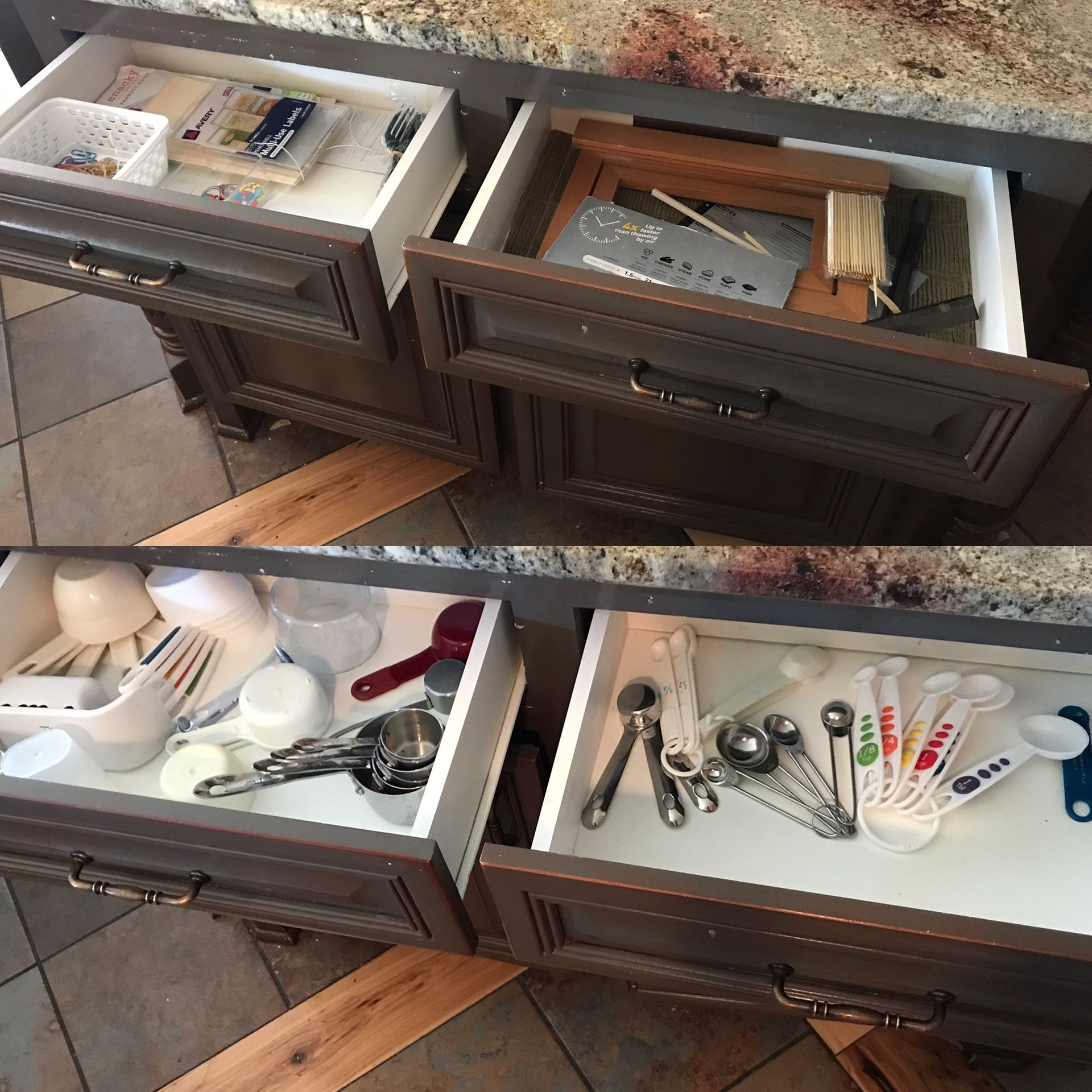A kitchen drawer filled with measuring cups and spoons