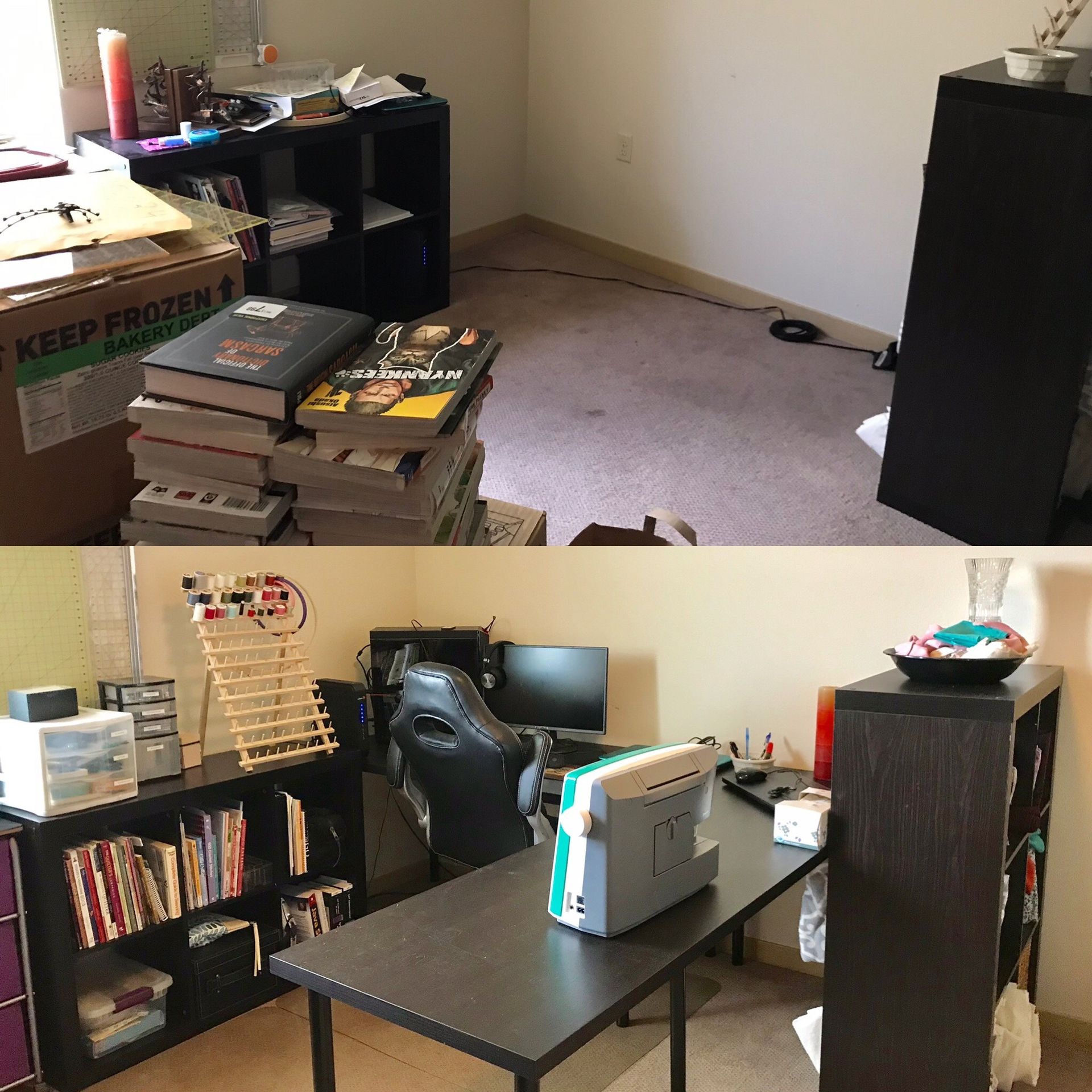 A before and after photo of a messy room with a box that says keep frozen
