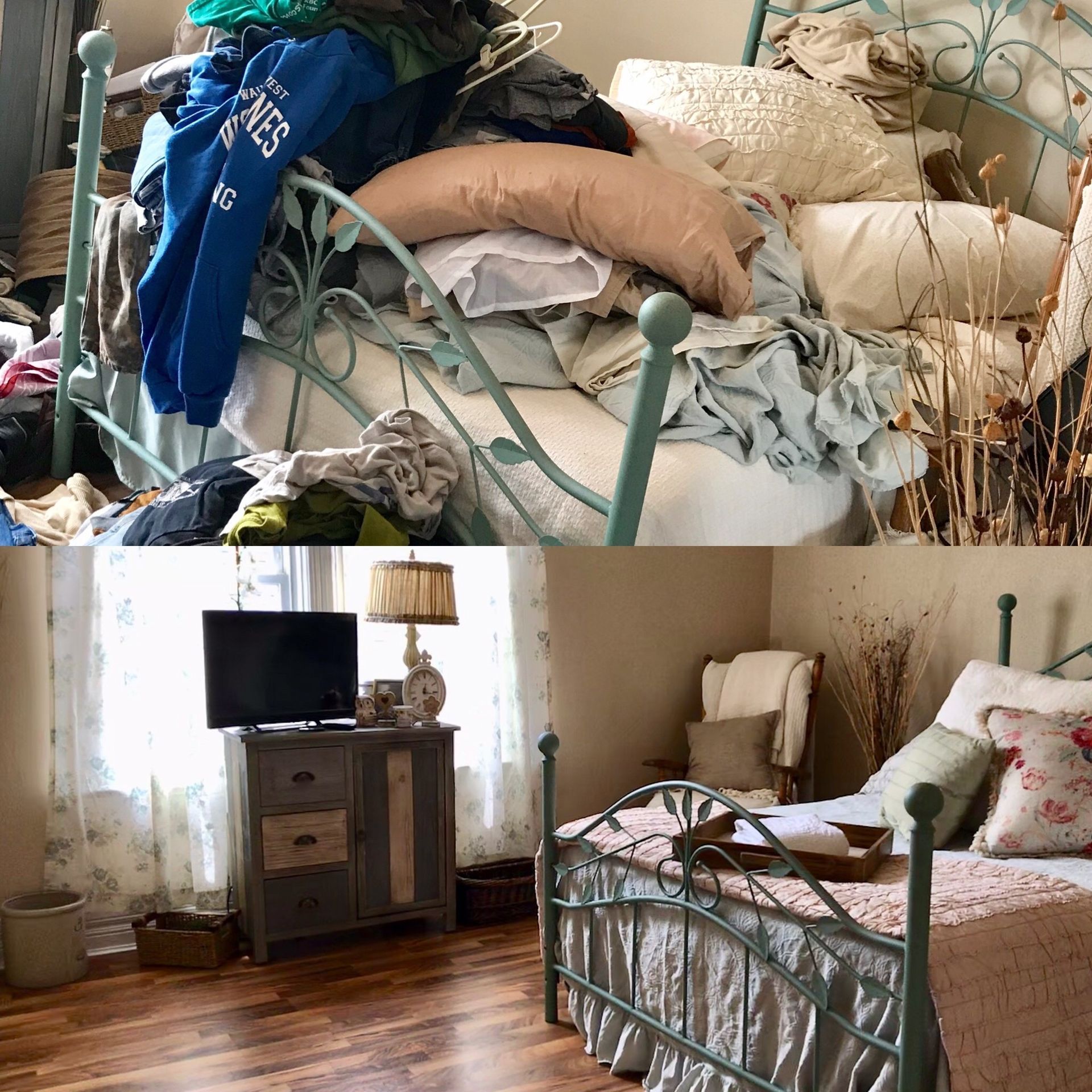 Two pictures of a bedroom before and after being cleaned