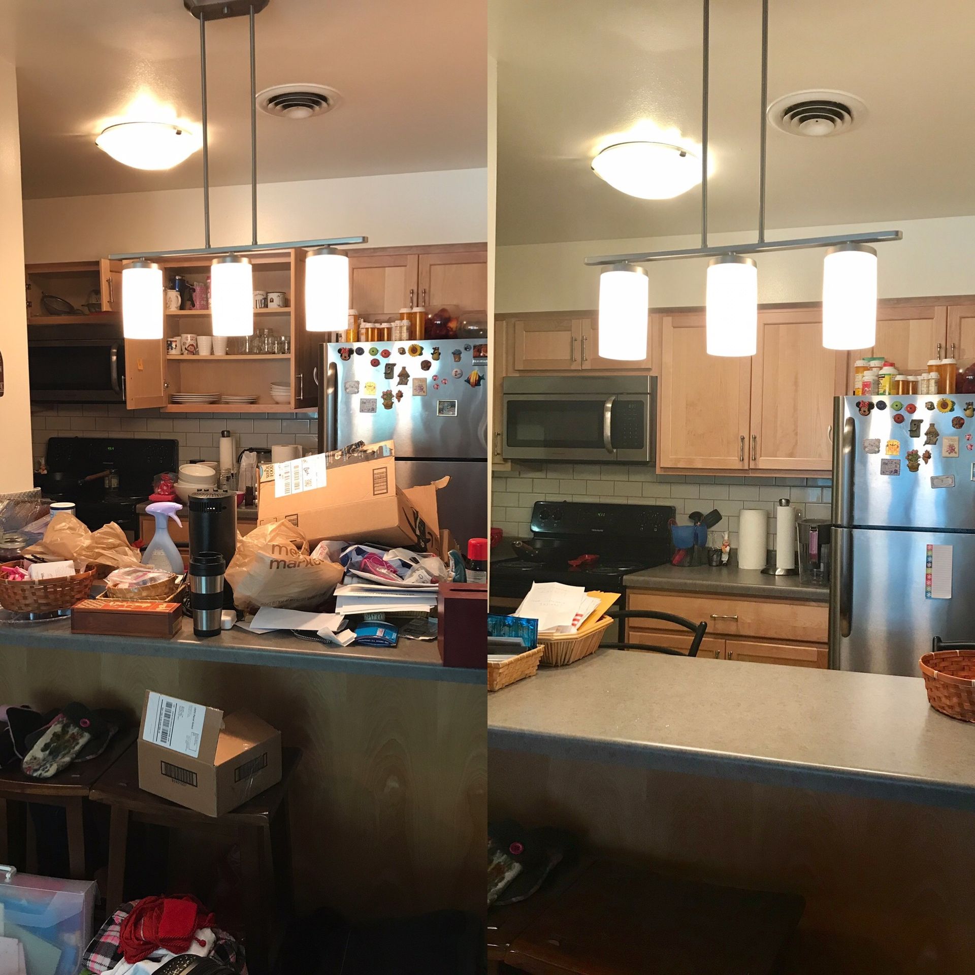 A before and after photo of a kitchen with a stainless steel refrigerator