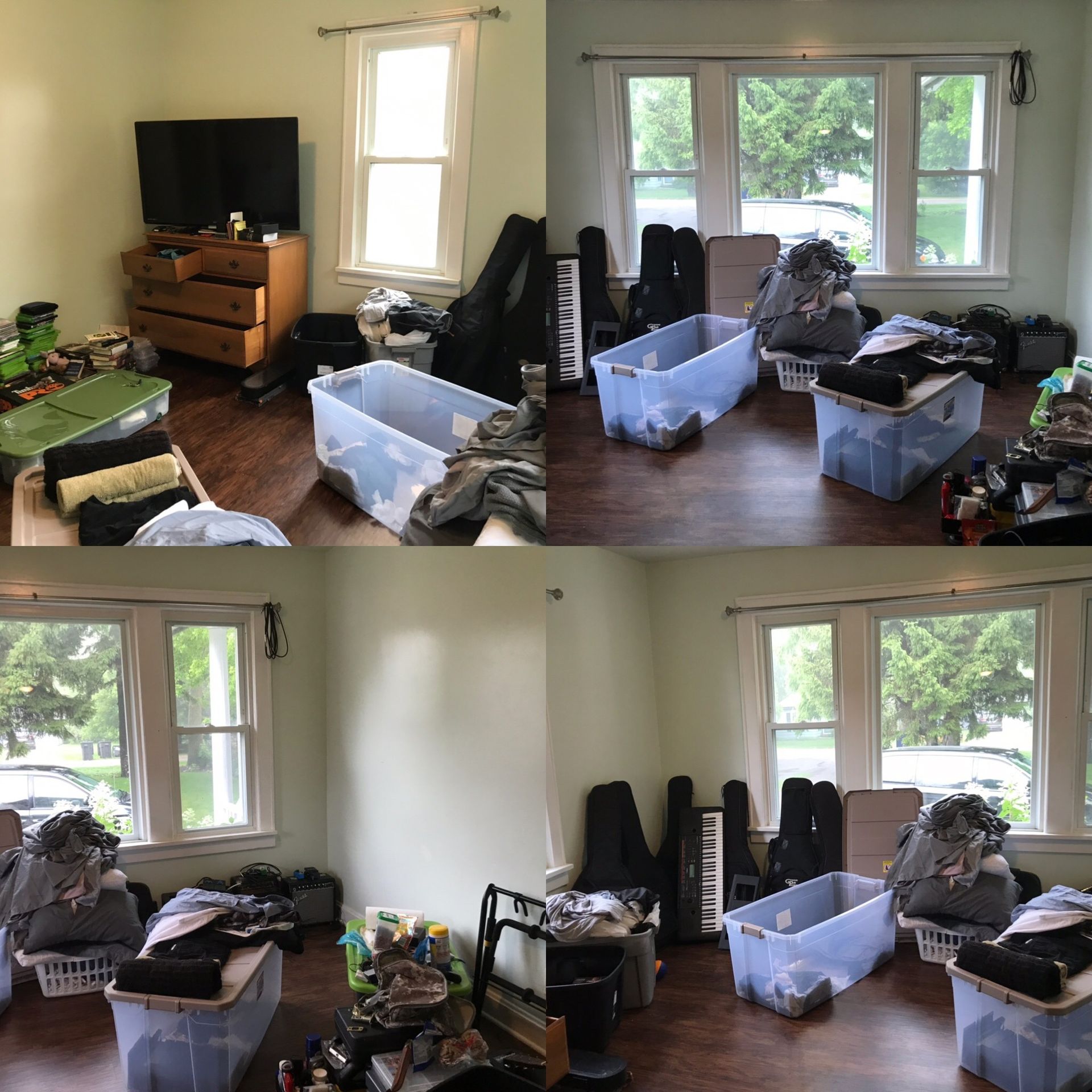 A collage of four pictures of a messy living room