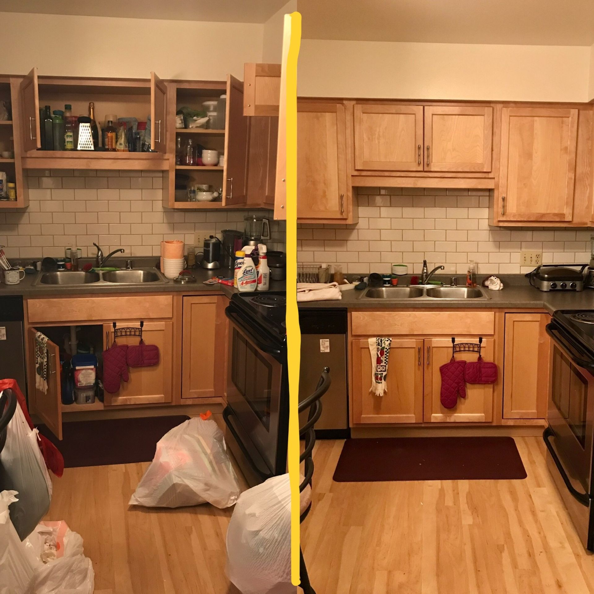 A before and after photo of a kitchen with wooden cabinets