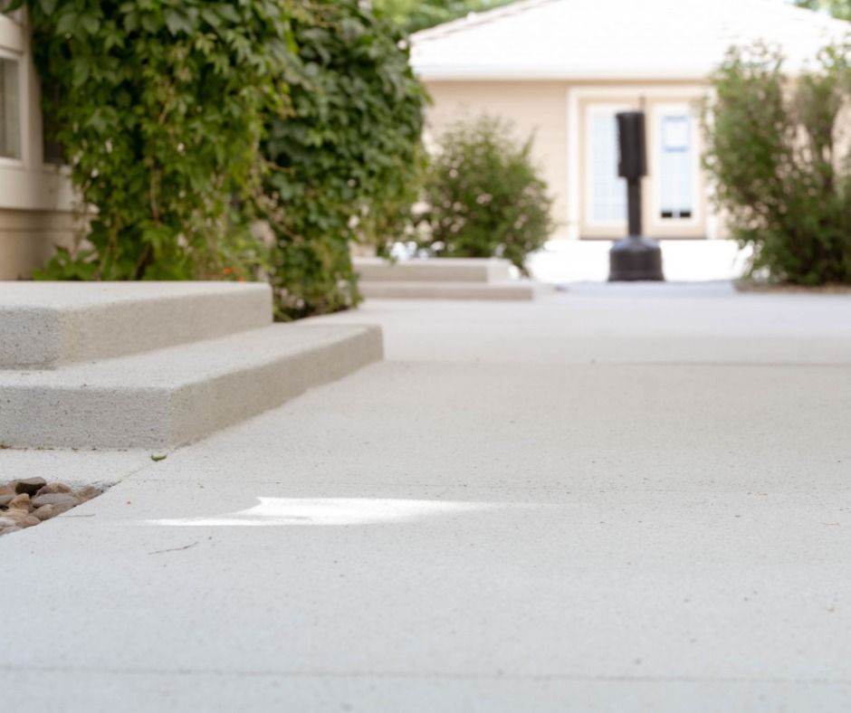 A concrete walkway with stairs leading up to a house