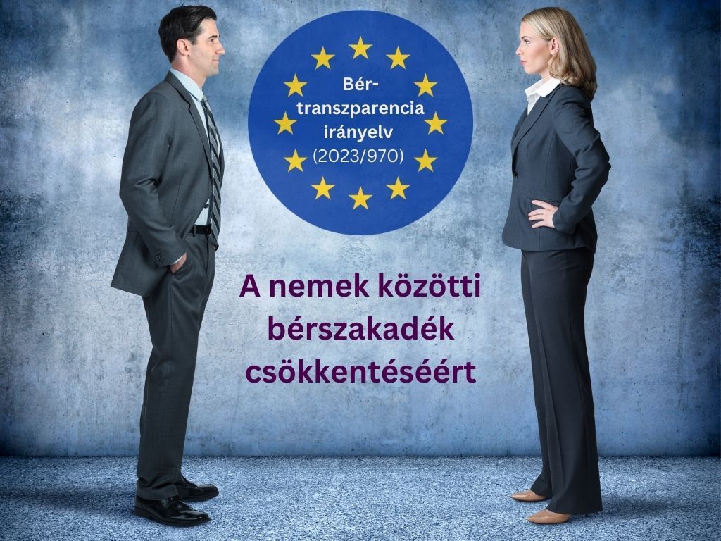 Olvasd el az EU direktívát ide kattintva Női és férfi áll szemben egymással, közöttük felirat (2023/970-es EU direktíva a nemek közötti bérszakadék csökkentéséért)