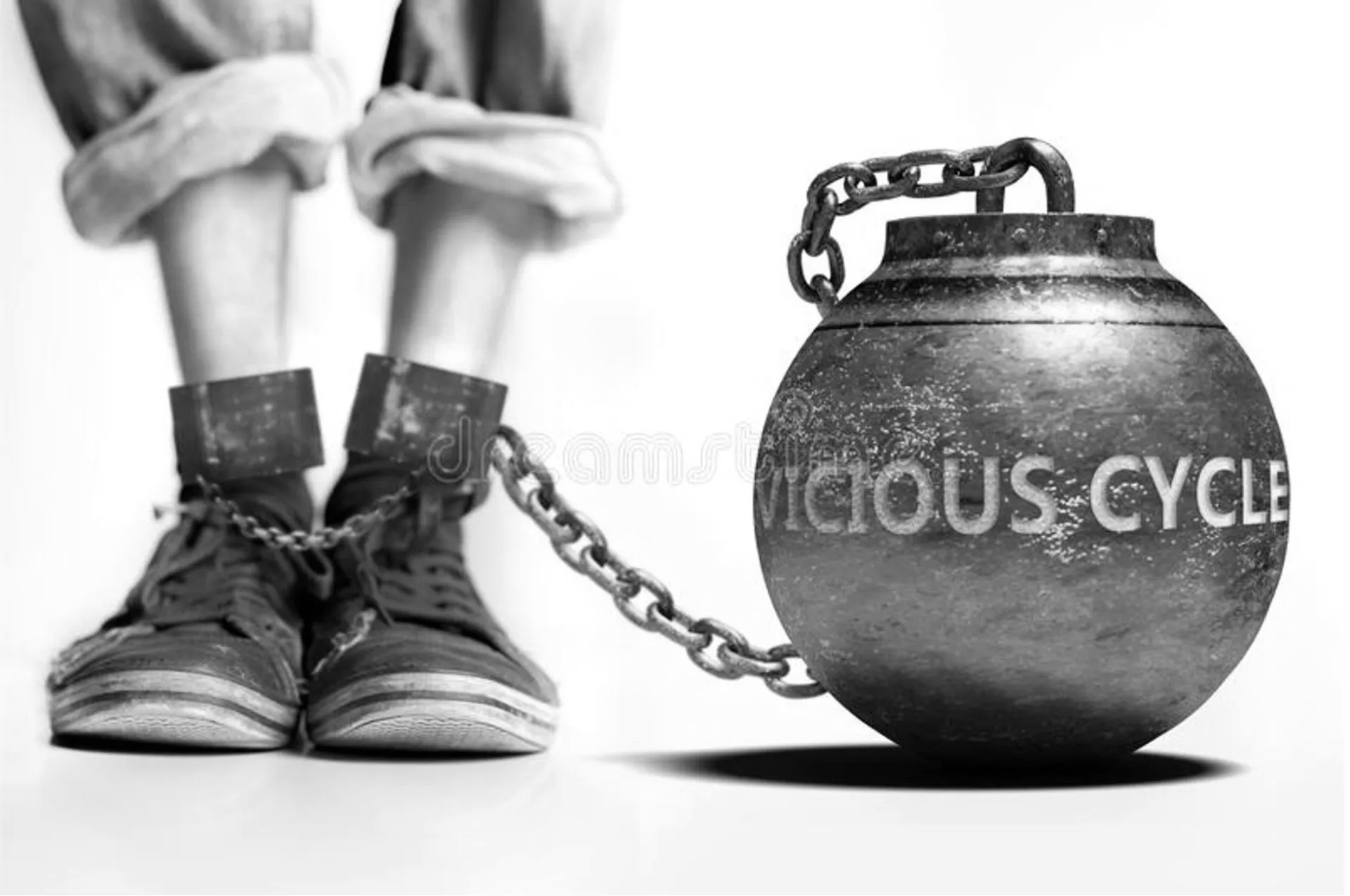 Person's Feet Chained to a Metal Ball