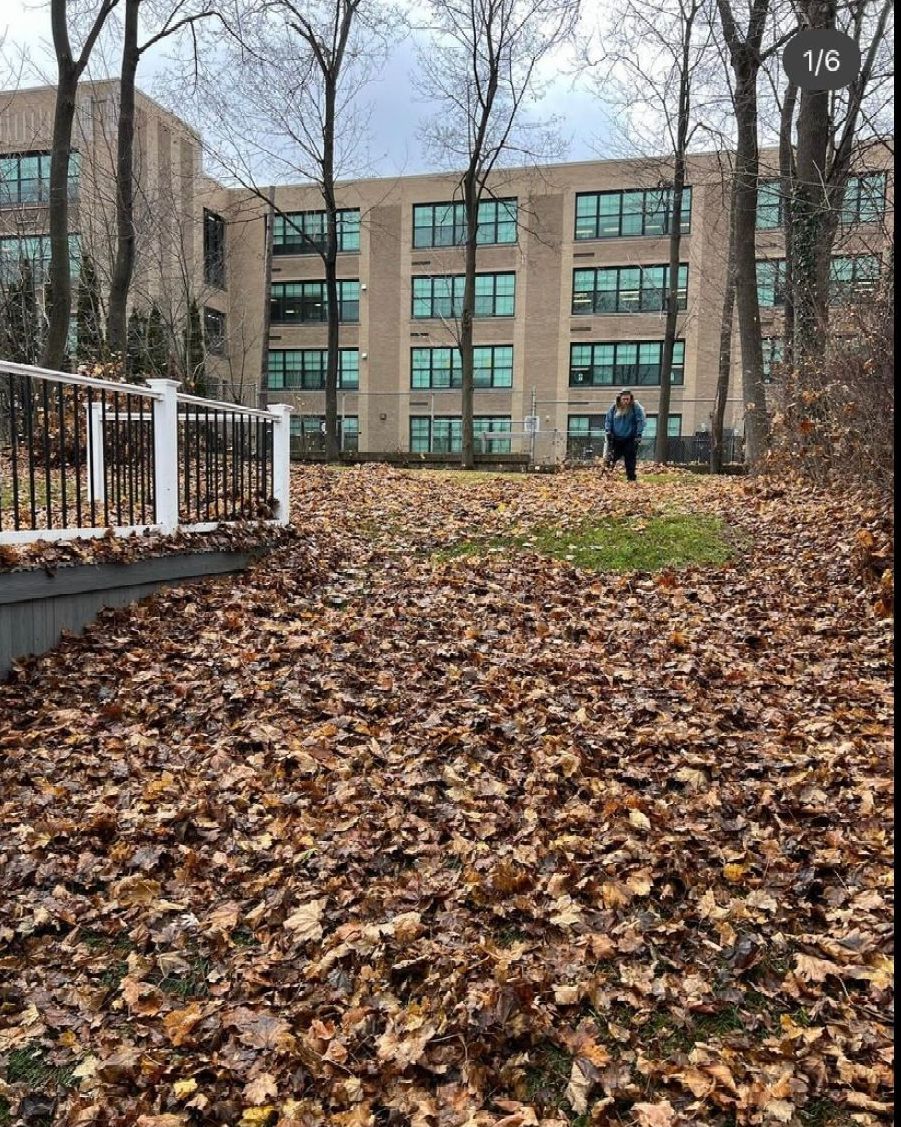 A person is standing in a pile of leaves in front of a building.