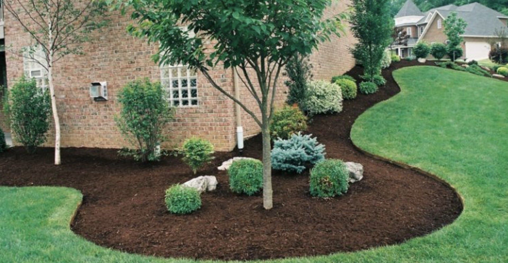 A lush green lawn with a tree and bushes in front of a brick house.